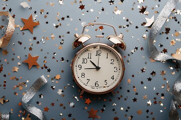 A clock surrounded by glittering confetti and metallic stars, with ribbons of silver and gold flying around it on a grey background