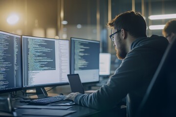The design of websites. Programmer working in a software development company with a computer screen as a background.