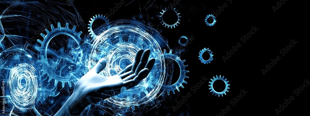 Poster in an intelligent factory automotive industrial with ui monitoring system software, engineers are ch