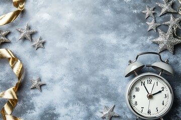 A clock surrounded by glittering confetti and metallic stars, with ribbons of silver and gold flying around it on a grey background