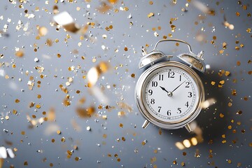 A clock surrounded by glittering confetti and metallic stars, with ribbons of silver and gold flying around it on a grey background