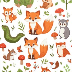 For children's designs, a seamless pattern of cute forest animals, mushrooms, berries, and leaves is available.