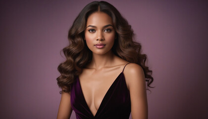 Naklejka premium Elegant Woman in Velvet Dress Against Purple Background