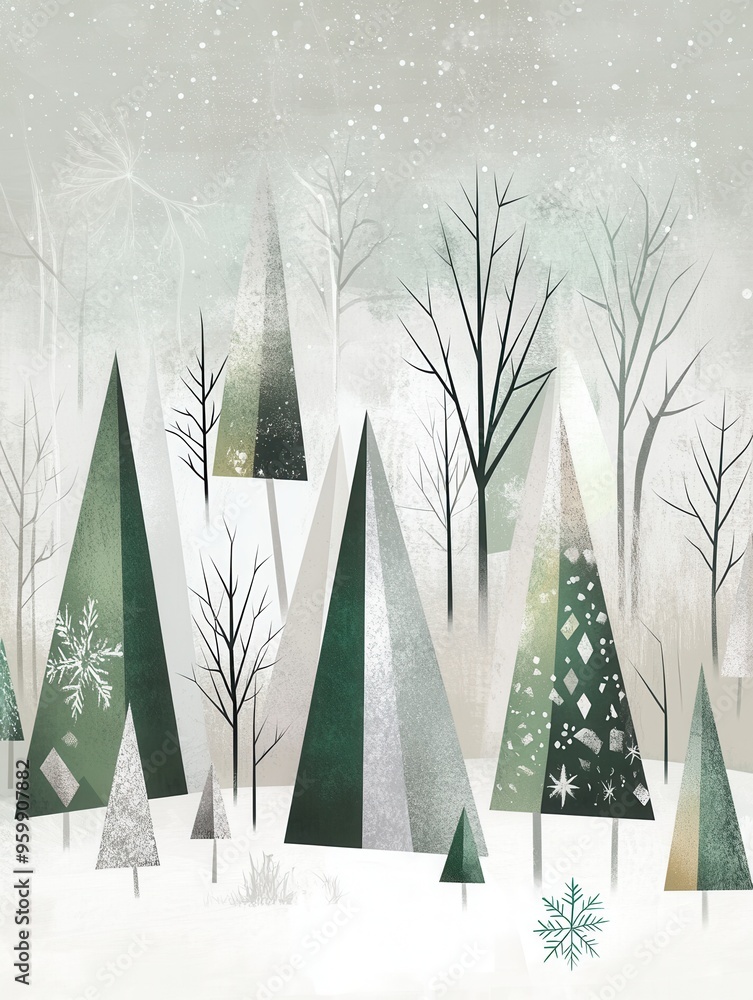 Aufkleber Geometric shapes depict Christmas trees in a serene winter forest, surrounded by snow and delicate bare branches beneath a gray sky. Generative AI