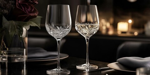 Two wine glasses, one with white wine, on a table.