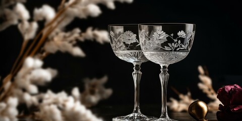 Two etched crystal glasses, dried flowers, gold ornament.