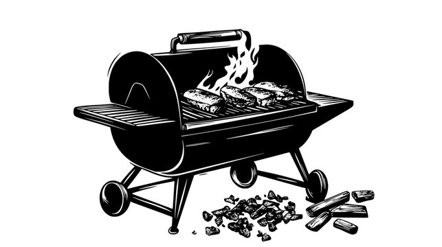Food inside a smoker grill with smoke rising, wood chips scattered nearby