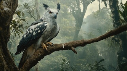 Fototapeta premium A harpy eagle perched high in a tree, its sharp talons gripping the branch as it surveys the jungle below.