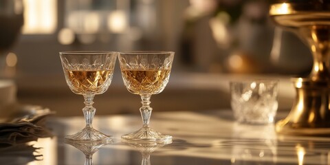 Two glasses of golden liquid on a table.