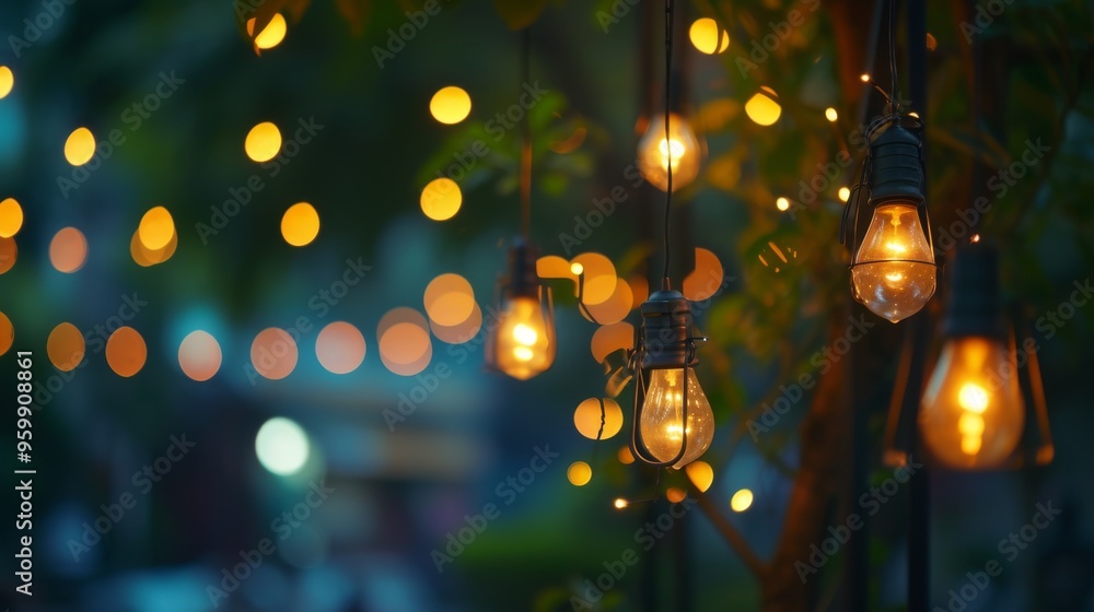 Poster warm, glowing string lights hang outdoors, casting a magical bokeh effect. the serene twilight ambia