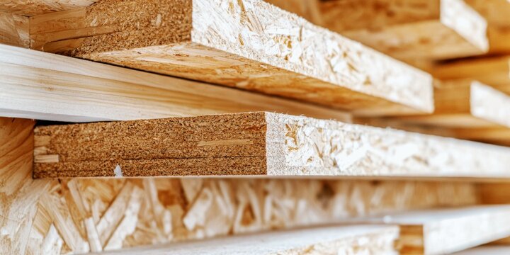 close-up of oriented strand board (osb) and wooden planks stacked, eco-friendly building construction, sustainable wood materials