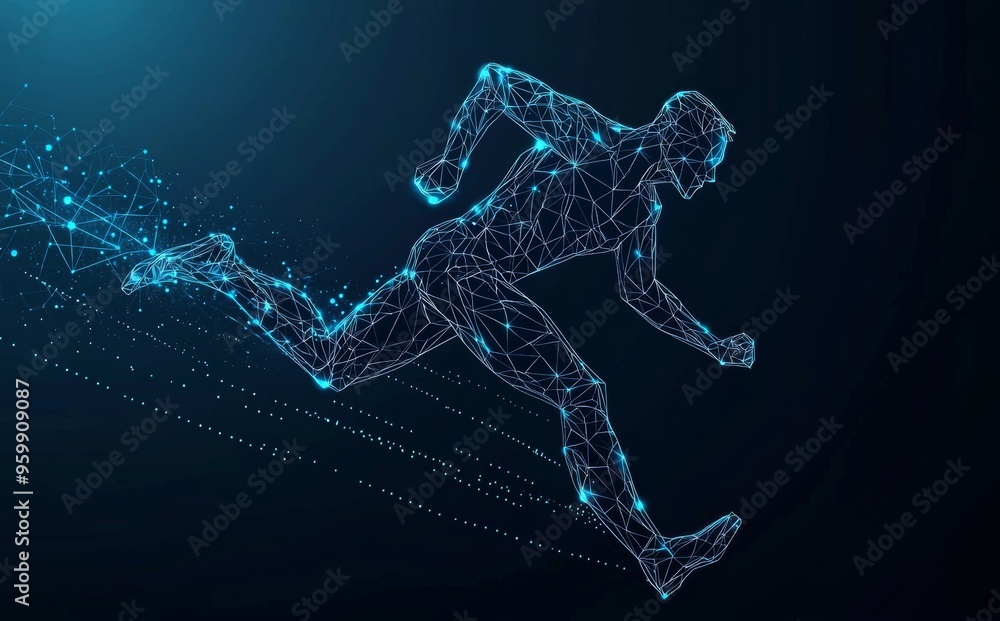 Aufkleber on a dark blue background, the abstract form of a running man is made up of lines and triangles. a p