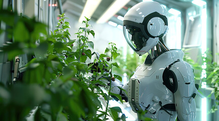 Autonomous humanoid robot gardener working in a greenhouse. Green plants in a futuristic indoor agriculture farm. Future food technology concept.