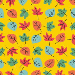 Cute colorful autumn leaves on yellow background. Seamless pattern of red, orange, blue and green leaves in doodle style. Vector illustration