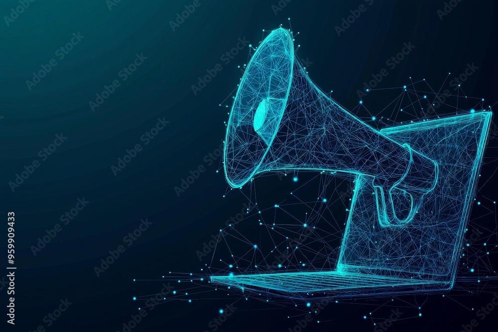 Poster the low poly wireframe illustration shows the polygonal online notification, internet targeted adver