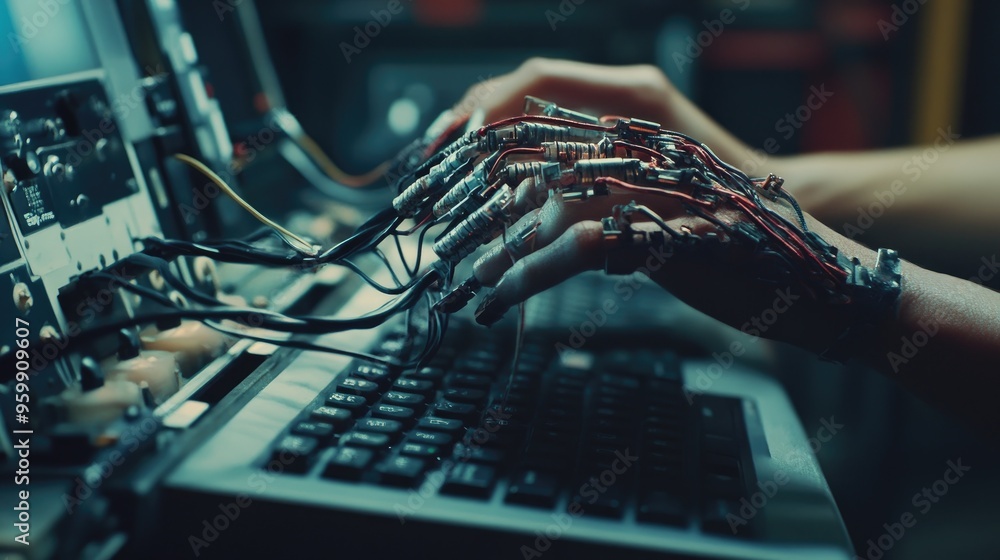 Poster a person typing on a keyboard with wires emerging from their fingers, connecting them directly to th