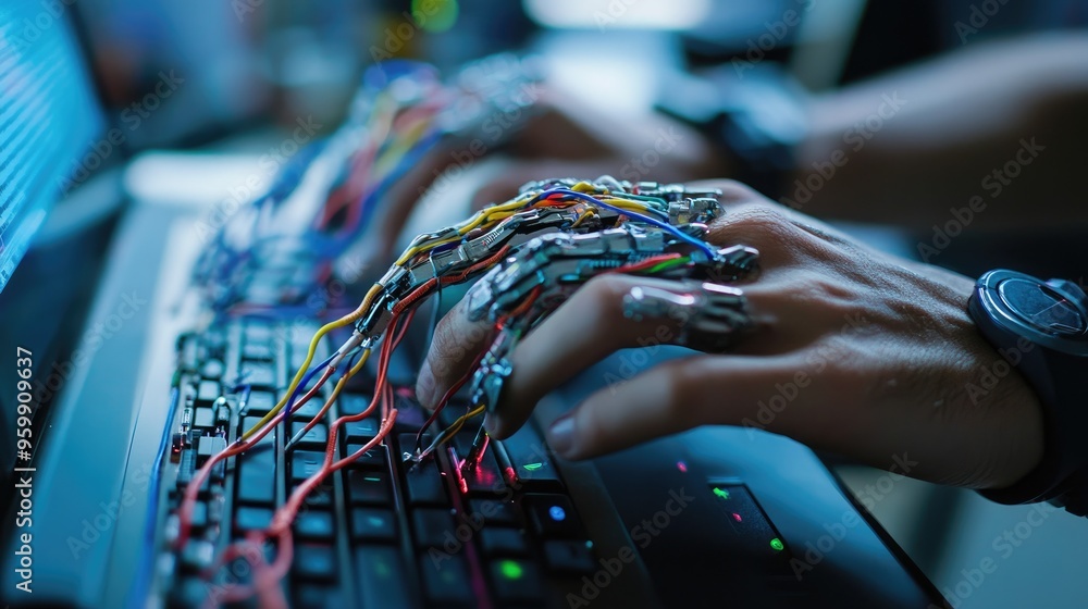 Poster a person typing on a keyboard with wires emerging from their fingers, connecting them directly to th