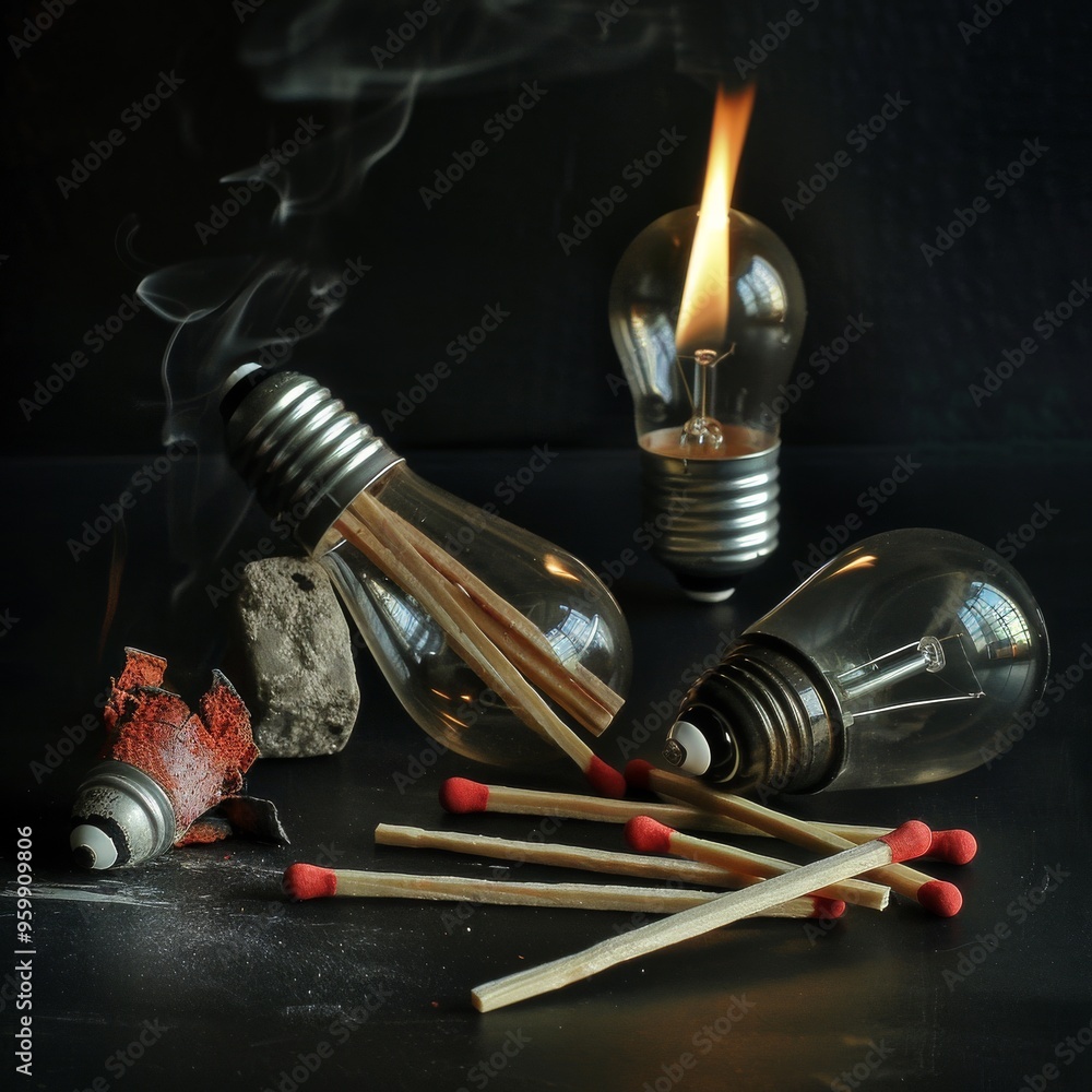 Poster an artistic arrangement of matchsticks and lightbulbs creates a scene with fire and smoke, symbolizi