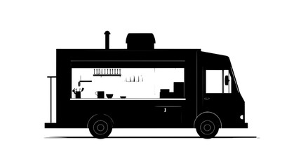 Obraz premium Food truck parked with open serving window, counter clean, against a neutral urban backdrop