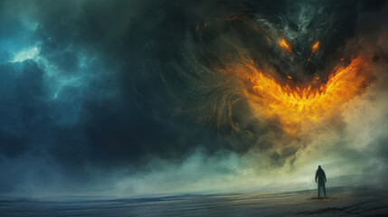 Fototapeta premium Solitary Observer Confronts Fiery Phoenix Explosion in Surreal Seascape