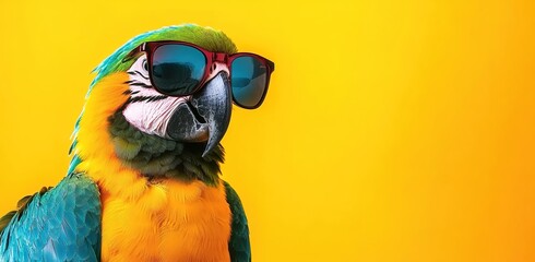  Portrait of a colorful parrot wearing sunglasses against a yellow background with copy space.    