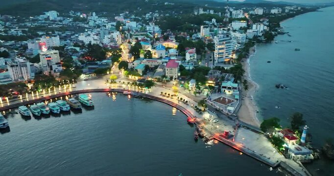 Aerial view of Scenery of Phu Quoc city, Kien Giang province, Vietnam. This is the central town in south of Phu Quoc island, crowded and bustling in the Gulf of Thailand.
