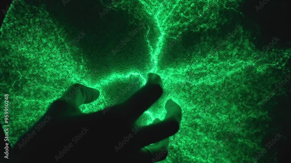 Poster hand touch plasma ball, creating vibrant green lightning patterns. static electricity model on scien
