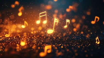 Floating musical notes glowing in the air against a dark background, creating a sense of rhythm and melody.