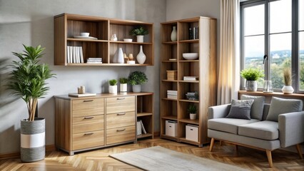 Fototapeta premium Elevate your modern living room with this stylish and functional corner storage unit, featuring shelves, drawers, and a