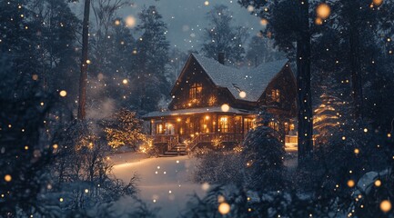 Fototapeta premium Enchanted Winter Evening at a Cozy Snow-Covered Cabin
