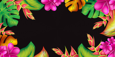 Trendy summer exotic flower banner card template. Palm monstera leaves with hibiscus and pink plumeria flowers abstract background. © Feoktistova