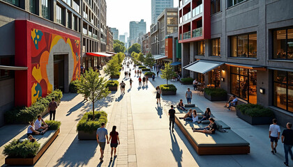 Vibrant urban street with modern buildings, public art, and lively atmosphere.







