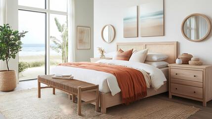 Coastal bedroom with white oak furniture and ocean view windows
