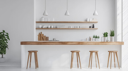 "Elegant contemporary kitchen interior featuring modern design with white and wood materials. White wall mock-up. 3D rendering."







