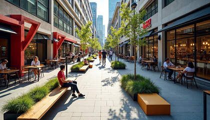Vibrant urban street with modern buildings, public art, and lively atmosphere.







