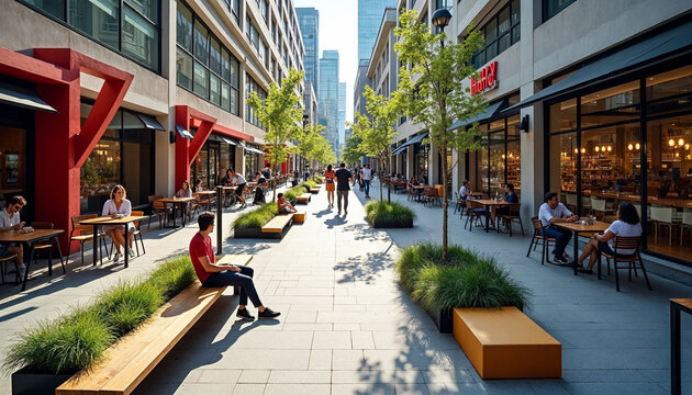 Vibrant urban street with modern buildings, public art, and lively atmosphere.







