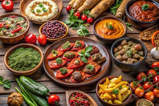 Appetizing Display Of Traditional Arminian Cuisine Featuring A Variety Of Savory Dishes, Fresh Vegetables, And Aromatic Spices