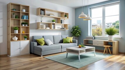 Naklejka premium Ergonomic and space-saving design maximizes functionality in small homes, apartments, and condos, accommodating 1-3