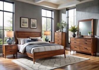 Exclusive modern bedroom collection: wooden dressers, nightstands, and plush bed now available at unbeatable prices.