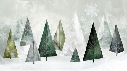 Christmas trees crafted from geometric shapes rise in a winter forest, surrounded by fluffy snow under falling snowflakes. Generative AI
