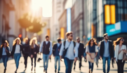Blurred people in motion in business district, ai