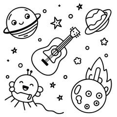 Fototapeta premium This doodle showcases a vibrant cosmic landscape filled with happy planets, an alien, a guitar, and a shooting star, all rendered in a playful style