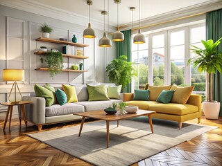 Fototapeta premium Fresh and modern living room furniture brings vitality to a radiant home decor setting, complete with plush accents