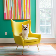 A cute, fluffy dog sits comfortably in the living room. Sunlight pours through large windows, surrounded by soft pastel decor, creating a cozy and trendy atmosphere.