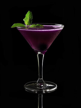  Lotus martini cocktail garnished with mint leaves isolated on black