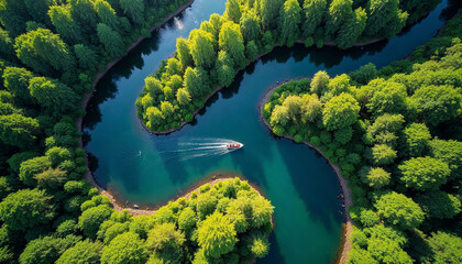 Aerial view of a boat navigating a winding river through lush green forest, with sunlight filtering through the canopy and dappled light on the water.







