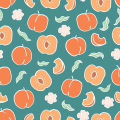 Peaches seamless pattern. Hand drawn peaches with leaves and blossoms on teal background. Naive art.
