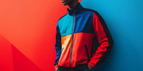 Man wearing colorful jacket against red and blue walls.