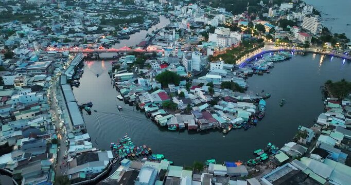 Aerial view of Scenery of Phu Quoc city, Kien Giang province, Vietnam. This is the central town in south of Phu Quoc island, crowded and bustling in the Gulf of Thailand.