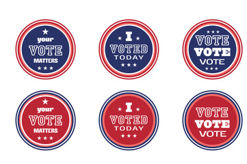 Election 2024. Vote USA. Set of motivation phrases. Voting concept. Round politics stickers. Red and blue colours.